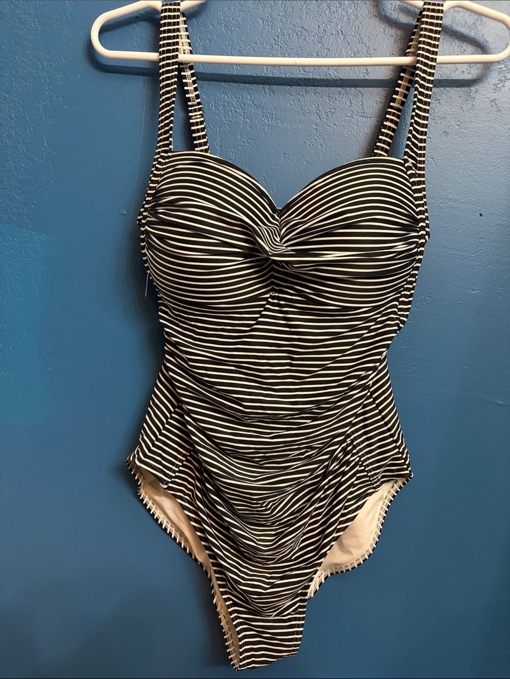 Black and White Striped One-Piece Swimsuit with Twisted Front
